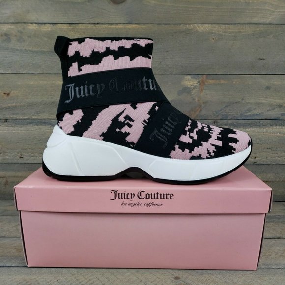NIB JUICY COUTURE Women 9 Slip On High Top Knit Sneaker Shoes Pink Tie Dye Black - Picture 2 of 12